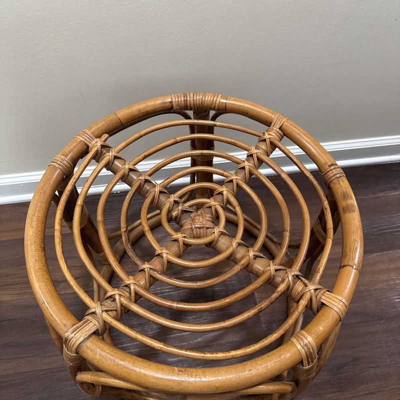 Vintage Bamboo Rattan Round Side Table Mid Century Ottoman MCM gallery
