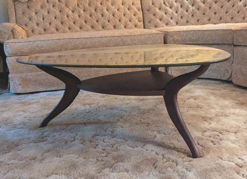 Vintage Coffee Table ANTIQUE GLASS Mirror Retro Guitar Pick Shape 39W, 39L, 14H