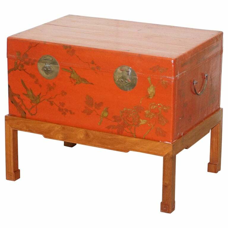 VINTAGE CHINESE CHINOISERIE HAND PAINTED LUGGAGE COFFEE TABLE LOTS STORAGE SPACE