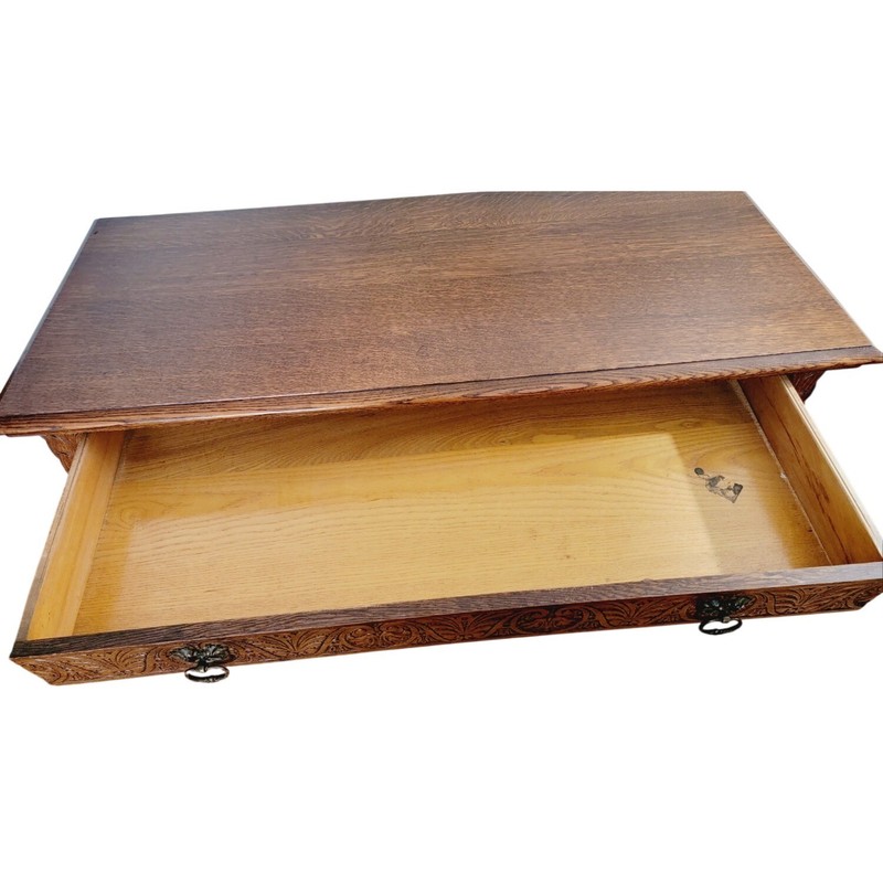 Robert Mitchell Furniture Co Antique Desk Library Table Oak Brown Carved 48in gallery