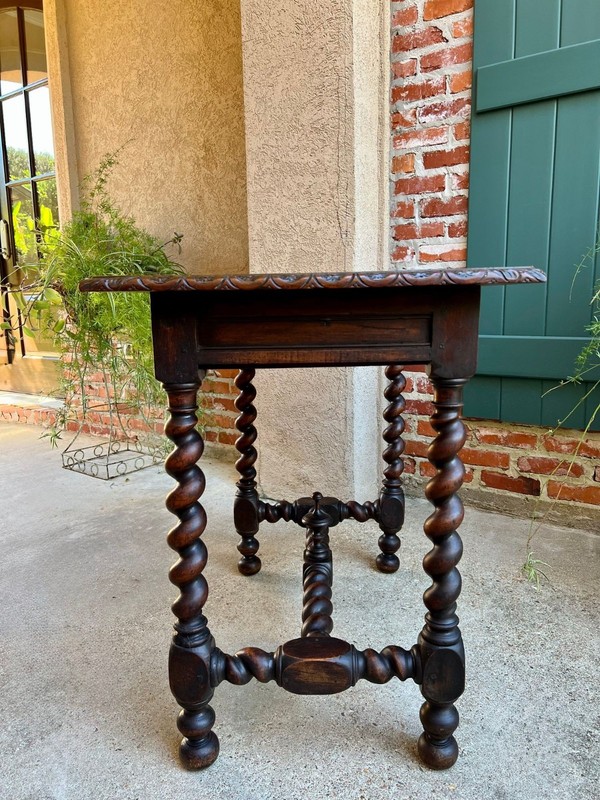 Antique English Console Table Writing Desk Jacobean Barley Twist Carved Oak gallery