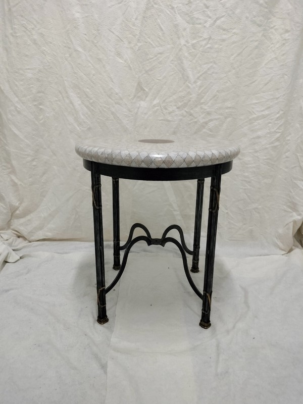 Mid Century French Polished Steel Side Table With Round White Marble Top And...
