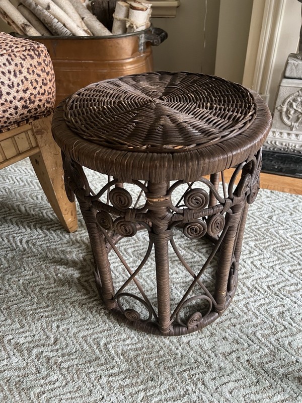 Vintage Wicker Rattan Plant Stand Boho Scroll Side Table Round 11” X 16” gallery