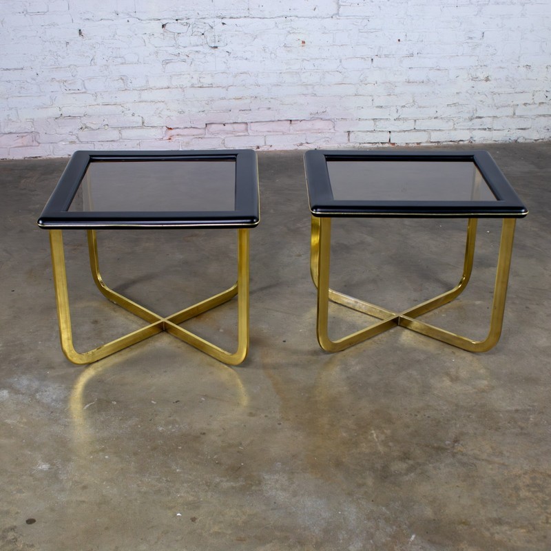 Modern End Side Tables 1 Rectangle 1 Square Glass Inset Tops & Brass Plate Bases gallery