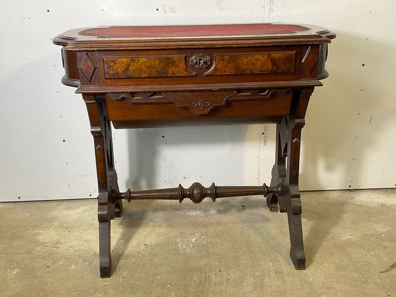 Antique Victorian Burl Walnut Sewing Table Work 1870 Stand Renaissance Revival gallery