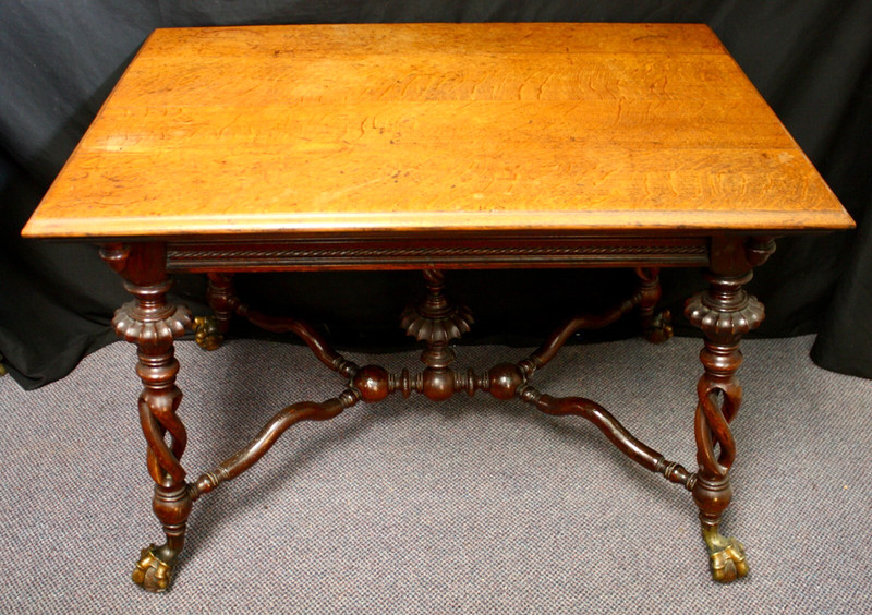 Victorian Parlor Table. Barley Twist Legs. Wood Ball & Brass Claw Feet. 1870