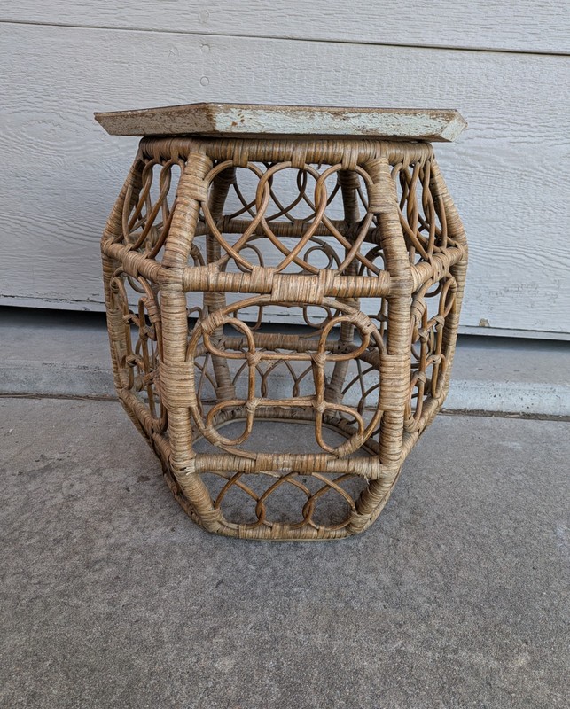Vintage Asian Chinoiserie Boho Chic Bamboo Wicker Rattan Side Drum Table D72 gallery