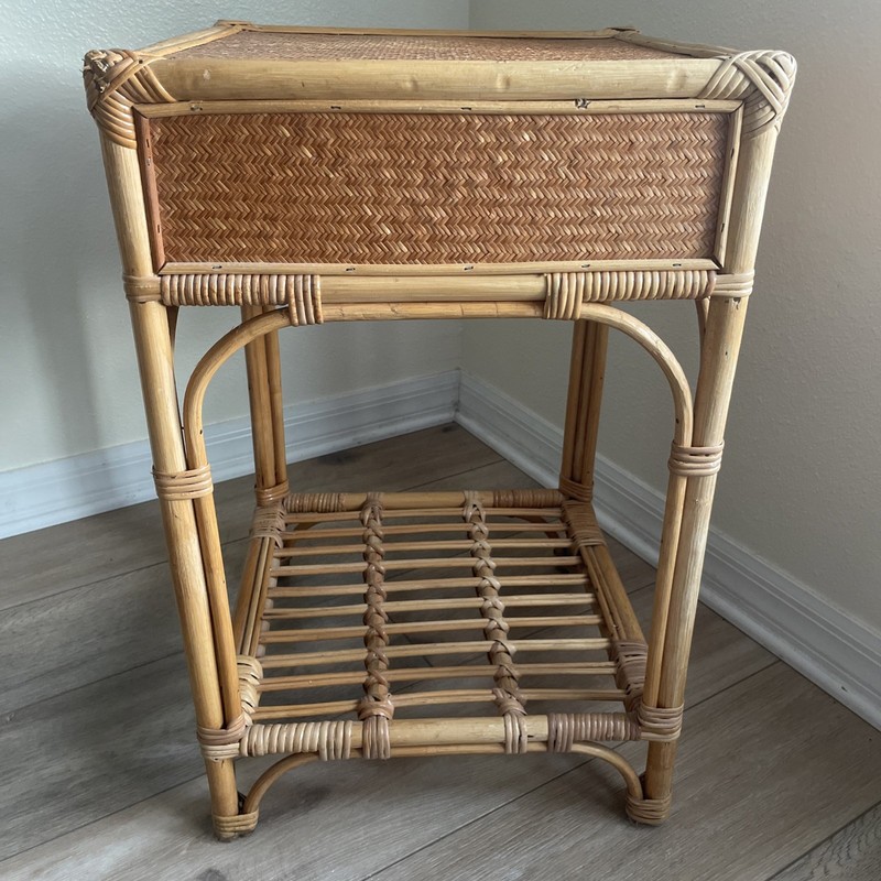 MCM Coastal Bamboo Woven Rattan w/Drawer+Bottom Shelf-Side Table Night Stand 25” gallery