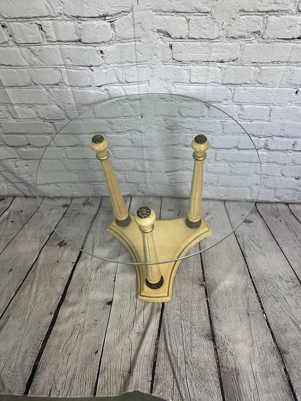 Hollywood Regency Accent Table Round Glass Top, Gilt Finished Base With 3 Legs gallery