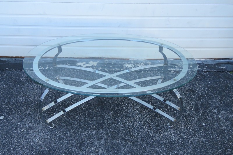Hollywood Regency Mid Century Chrome Oval Glass Top Coffee 3514 gallery