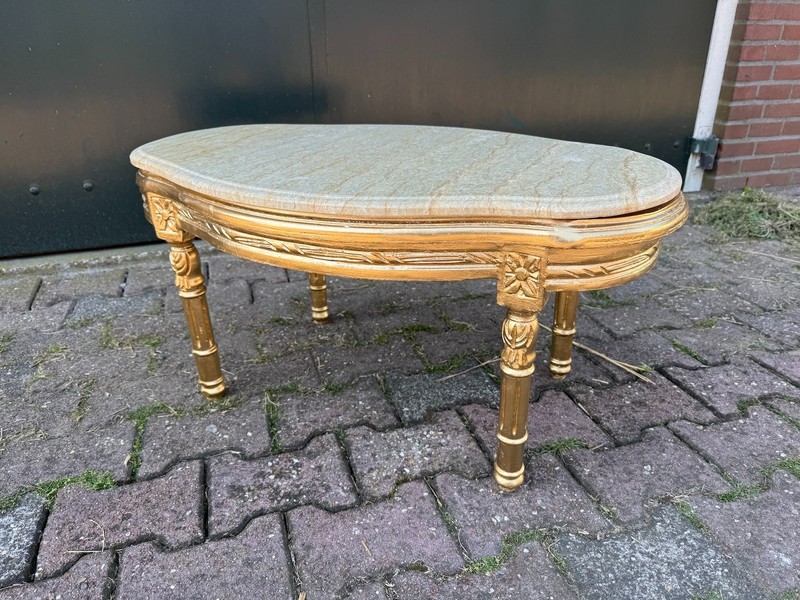 Table French Louis XVI Gold Beech Marble 1950 Oval Coffee Side Accent Table