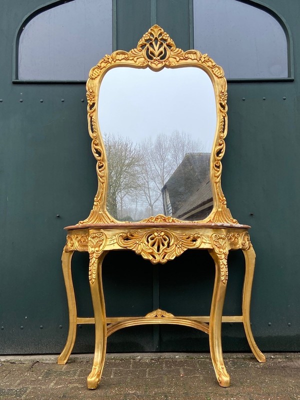 Console with Mirror Set Louis XVI Style Gold Leaf Pink Marble Vintage