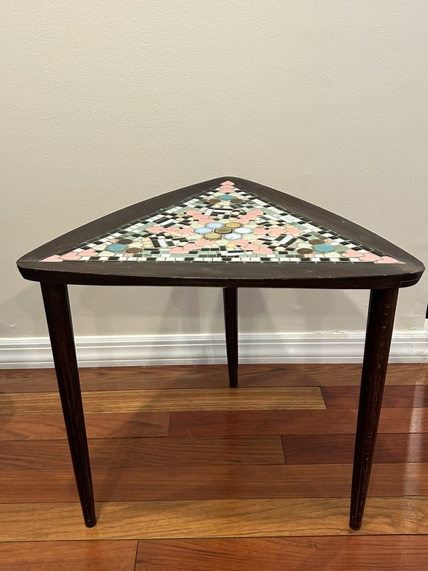 Lobeco handcrafted In Romania Mid Century Mosaic Stacking Table Wood 3 Leg 16” H gallery