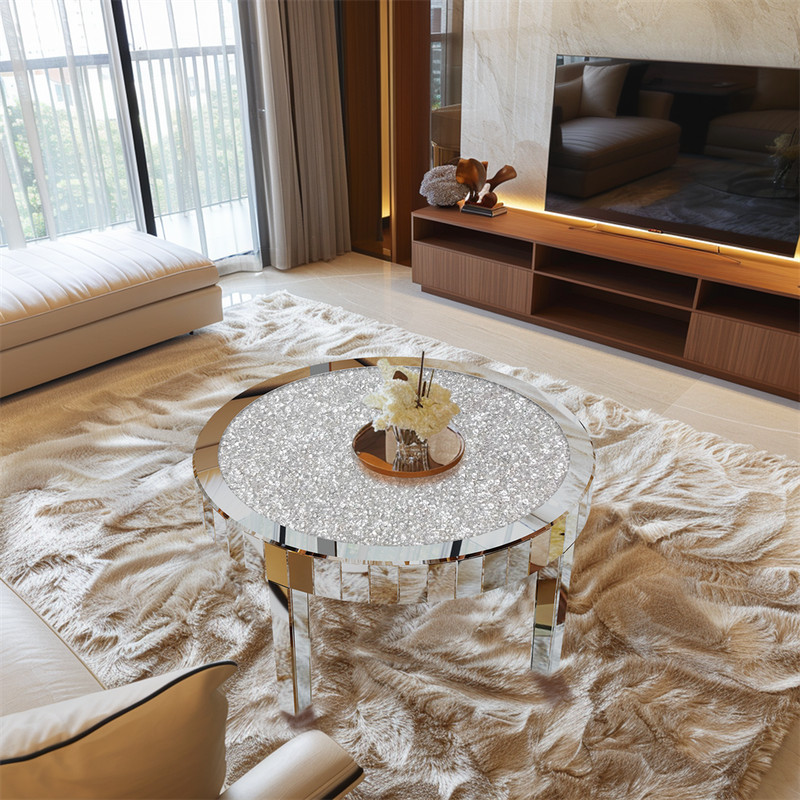 Mirrored Coffee Table Round Silver Accent Beveled Glass Edge Crystal Side Table gallery