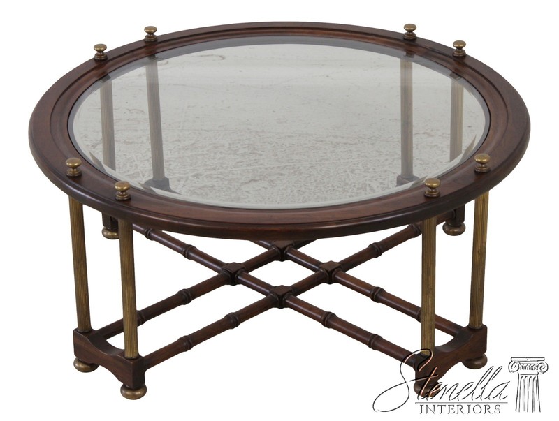 72405: Regency Faux Bamboo Round Brass & Glass Top Coffee Table