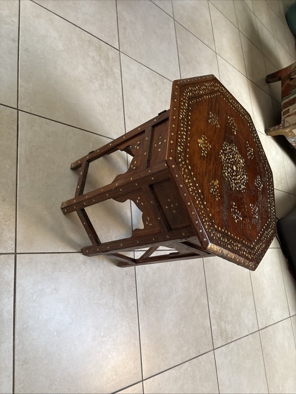 Antique Octagonal Coffee End / Table Bone Inlay Inlaid Moroccan Indian Folding gallery