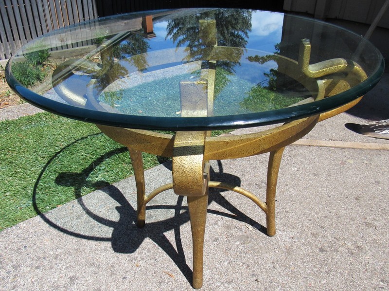 FINE VINTAGE CAST IRON ART DECO MID CENTURY MODERN END SIDE TABLE GLASS TOP MCM