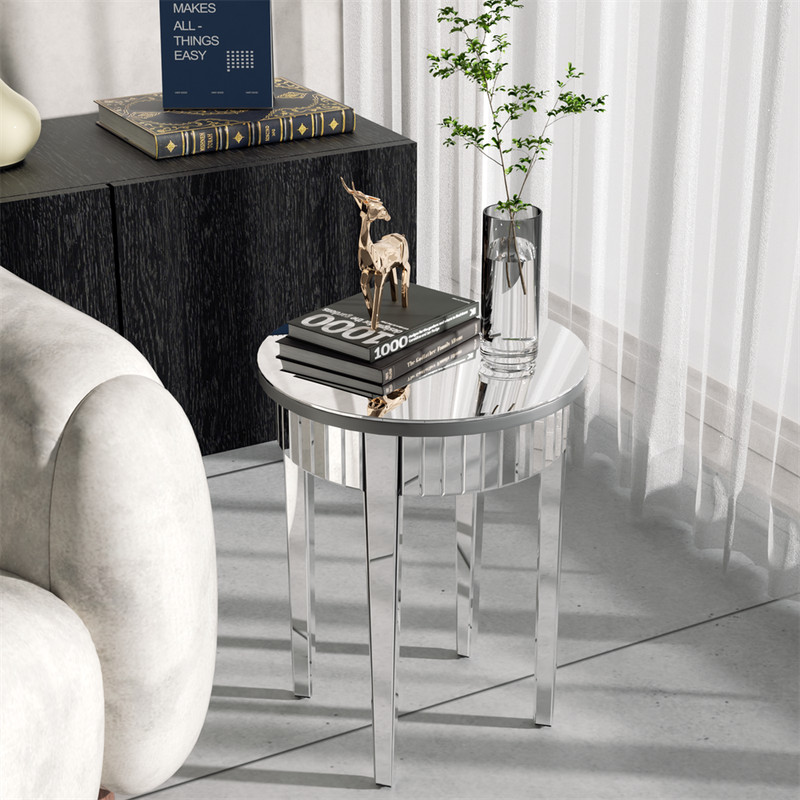 Silver Glass Round Side End Table Mirrored Storage Table Living Room Furniture gallery
