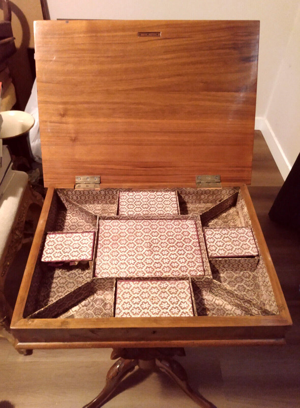 VICTORIAN SEWING TABLE, IN WALNUT. ENGLISH c 1890. AS IS gallery
