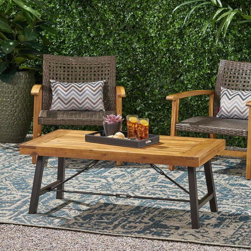 Outdoor Acacia Wood Coffee Table Teak Finish Rustic Metal Brown 27.25*45.75*18" gallery