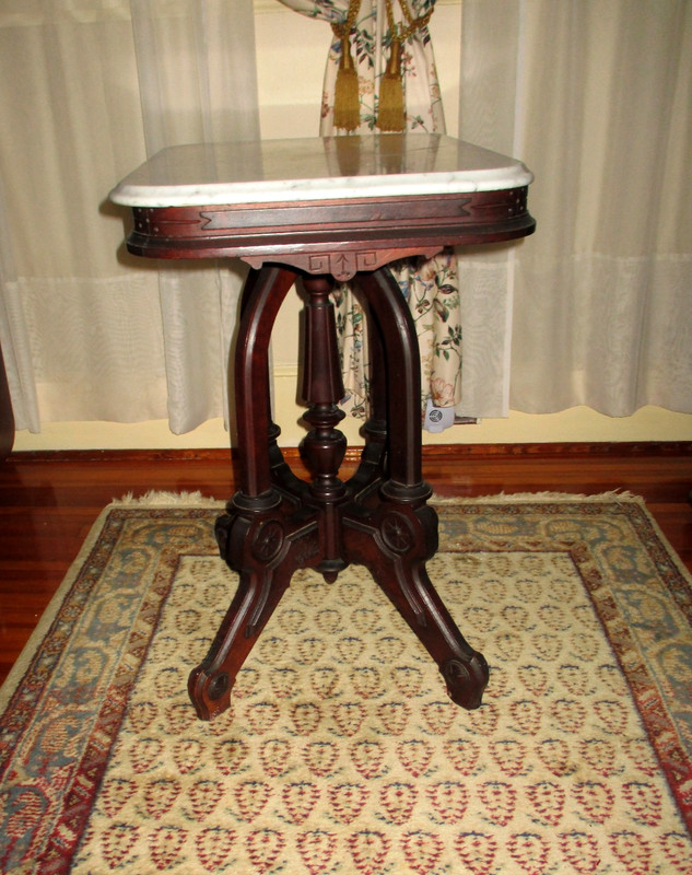 SUPERB! Antique Victorian Ornate Walnut Beveled Marble Top Parlor Table gallery