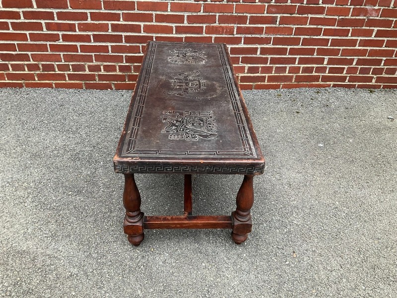 Vintage Mid Century Peruvian Hand Tooled Leather Top Coffee Table gallery