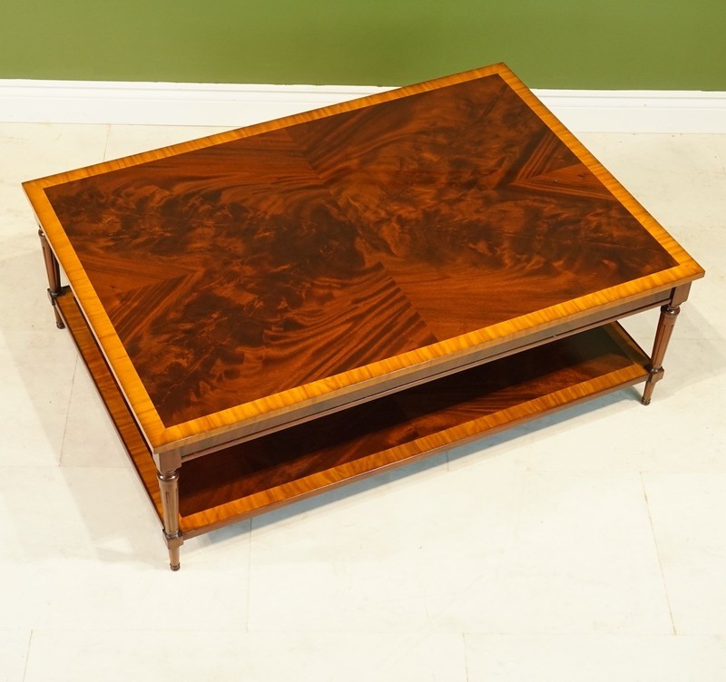 Rectangular Flamed Mahogany Coffee table with banding and lower shelf gallery