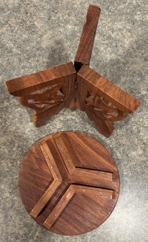 Vintage Indian Inlaid Hand Carved Wooden Boho Folding Plant Stand Table 6 1/2” gallery