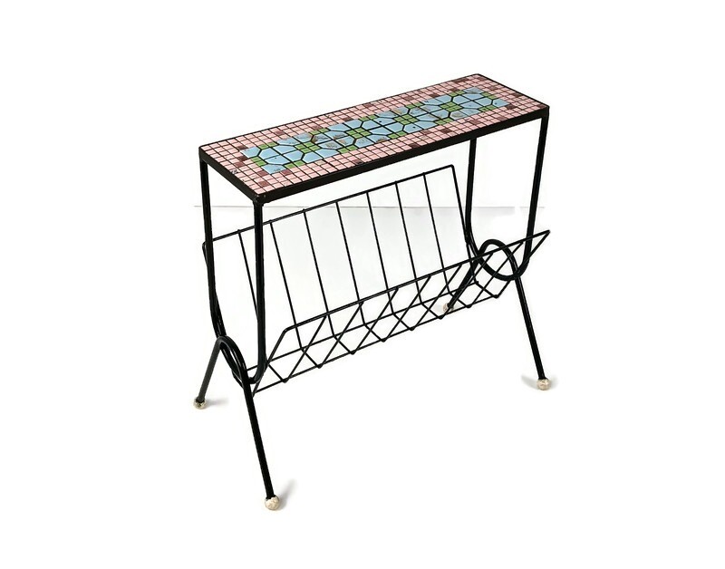 Vintage wrought iron Mid Century Magazine Rack Newspaper Basket Side Table Mosai