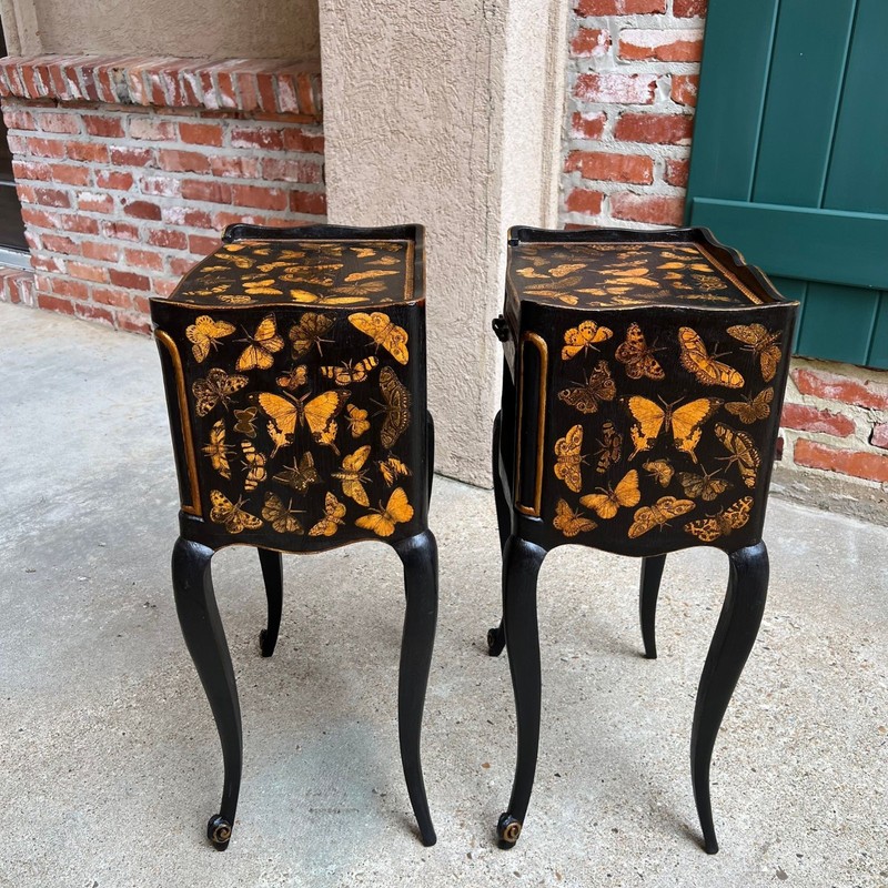 PAIR French Bedside Cabinets Chinoiserie Butterfly Gilt Lacquer Tables gallery