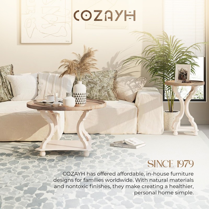 COZAYH Round Rustic Coffee Table Wood Tray Top Accent Centerpiece Storage, White gallery