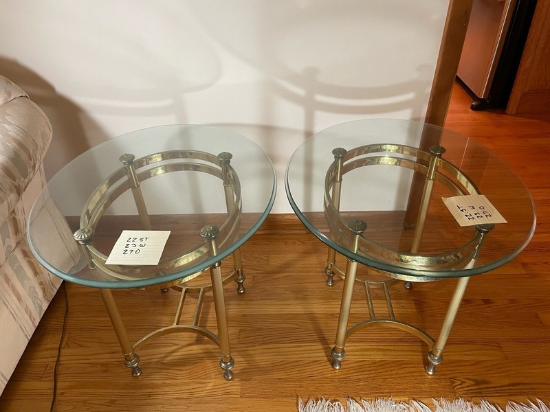 Mid Century Hollywood Regency Labarge Queen Anne Style Brass Glass End Tables