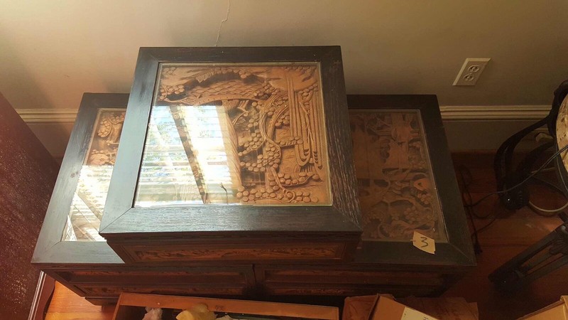 VINTAGE CHINESE TABLE carved wood with glass top three Sections