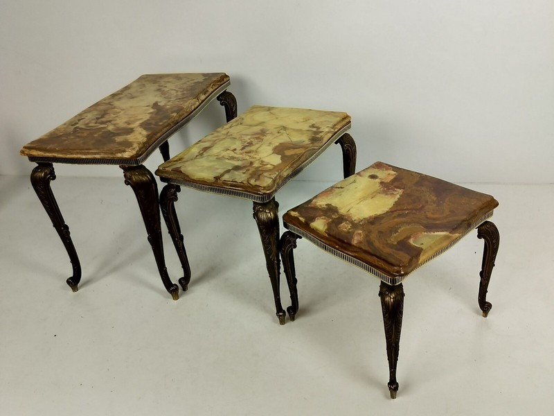 Set of 3 Nesting Stacking Coffee Side Tables Marble Onyx Brass Hollywood regency gallery