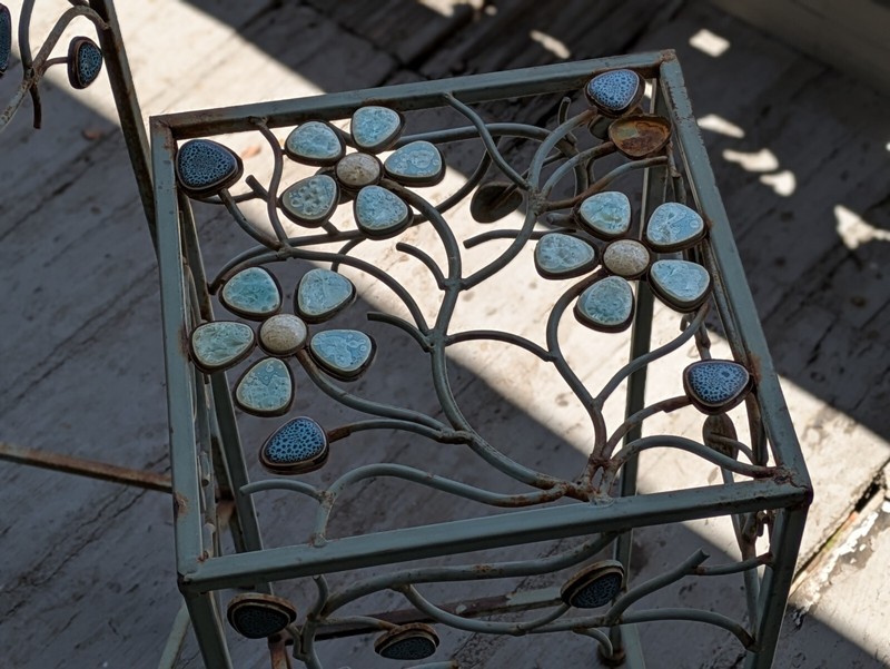 Vintage Distressed Metal End Side Tables two floral flower design teal plant sta gallery