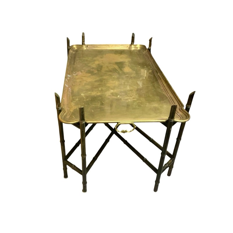 Coffee Table XL Brass Top on Wood Base Bamboo Design Vintage Chinoiserie Style gallery