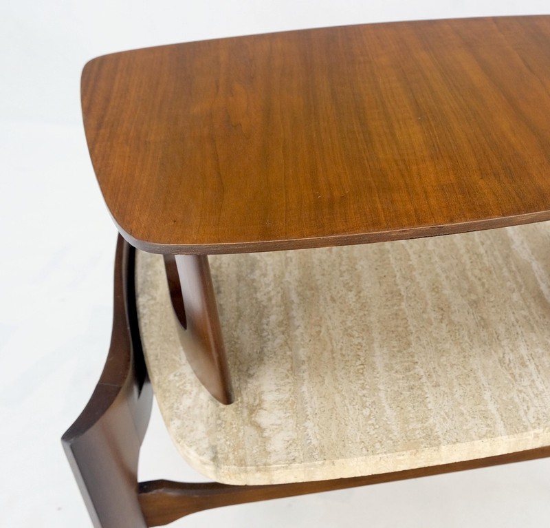 Pair Sculptural 1970s Walnut Travertine Tops Step Side End Tables Singer Sons gallery