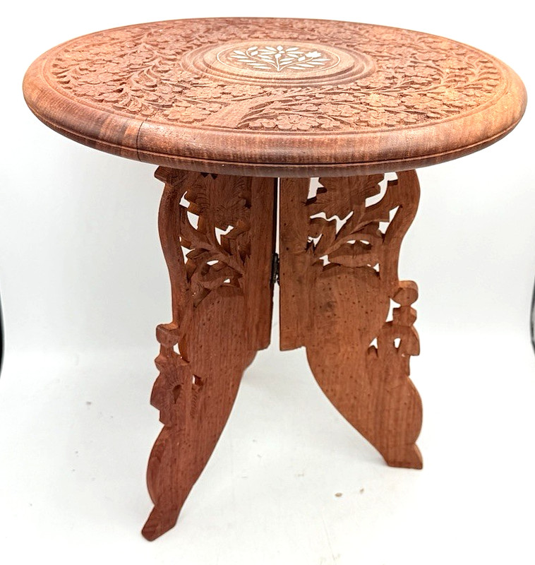 Vtg Hand Carved Indian Rosewood PLANT STAND Folding Floral Inlay Tripod TABLE