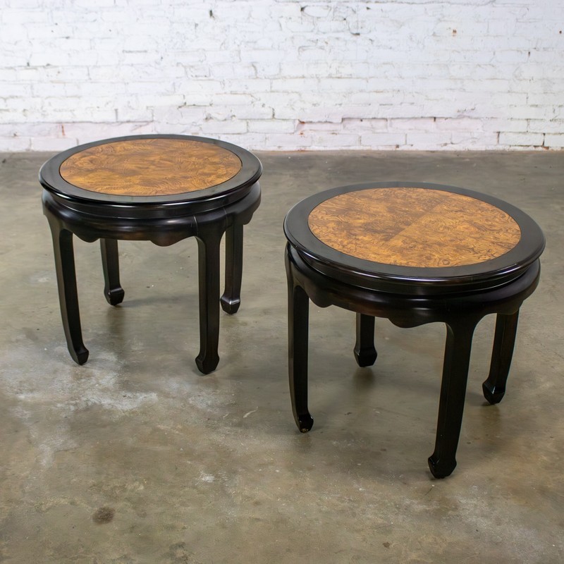 Chin Hua Pair Round End Tables Ebony & Burl by Raymond K. Sabota for Century