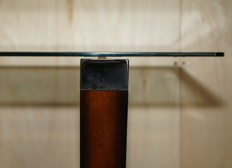 CONTEMPORARY DESIGNER CHROME TIPPED BEECH & GLASS X FRAMED CONSOLE TABLE gallery