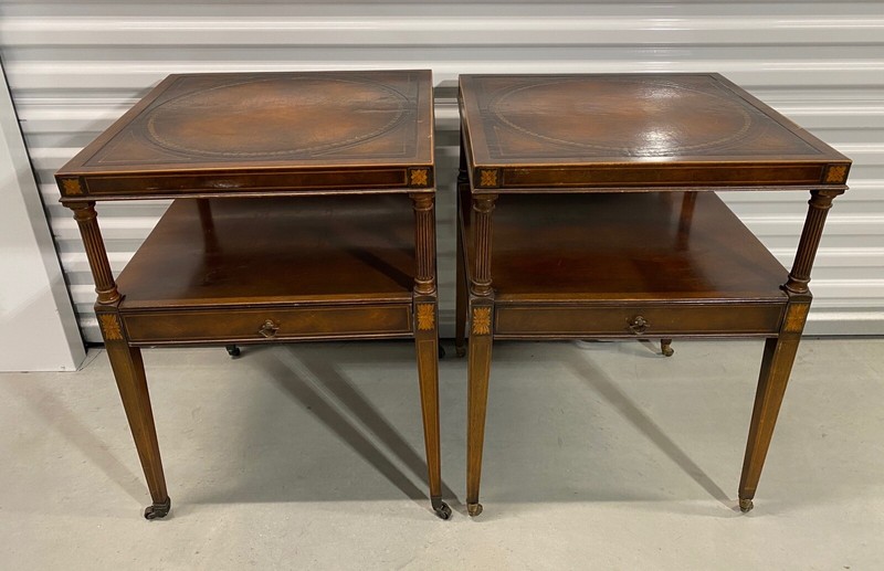 Antique Weiman “HEIRLOOM” Mahogany End Tables W/inlaid & Leather Tops