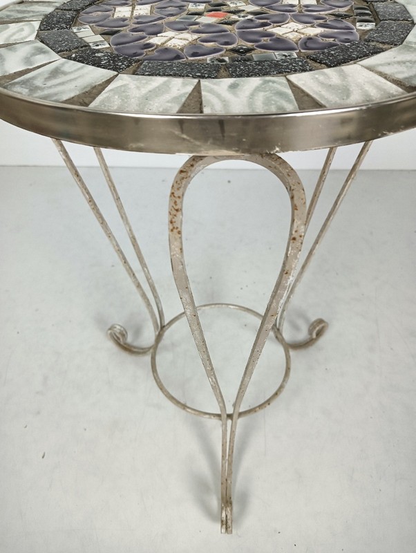 Side Round Table Plant stand Ceramic Tiles Mosaic wrought Iron Legs vintage gallery