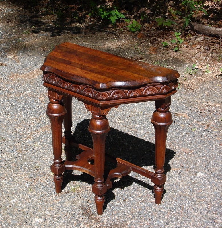Vintage Jacobean Spanish Revival Style Solid Walnut Entry Table Demilune Table gallery