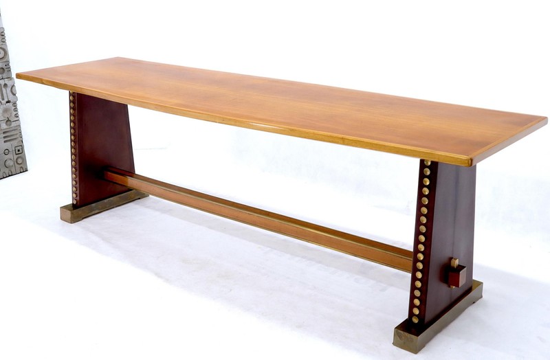 Narrow Long Boat Shape Walnut Dining Harvest Table Studs Leather Brass Decorated gallery