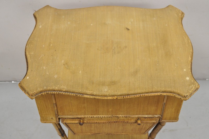 Antique English Victorian Bamboo Rattan Sewing Box Work Stand Side Table gallery