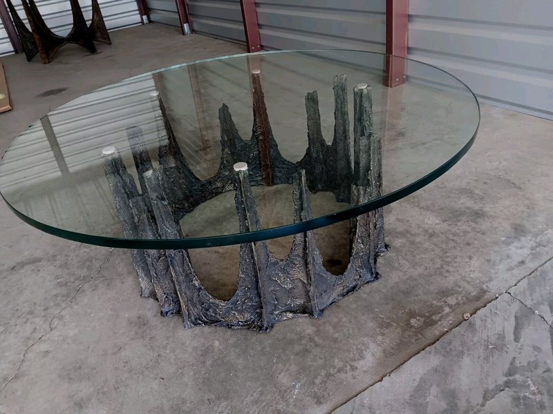 MCM BRUTALIST PAUL EVANS ABSTRACT BRONZE SCULPTURE BASE 42"GLASSTOP COFFEETABLE gallery