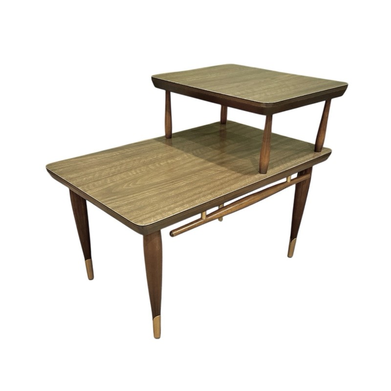 Vintage MCM Danish-Inspired Two-Tier End Table | Refinished Brass Accents gallery