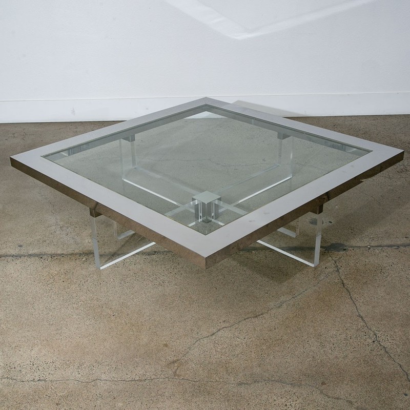 Mid Century Modern Coffee Table Square Large Chrome Glass Sandro Petti Lucite