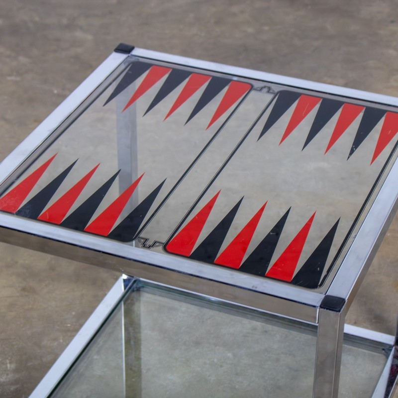 Mid-20th MCM Game End or Side Table Chrome Cube Frame & Backgammon Glass Top gallery
