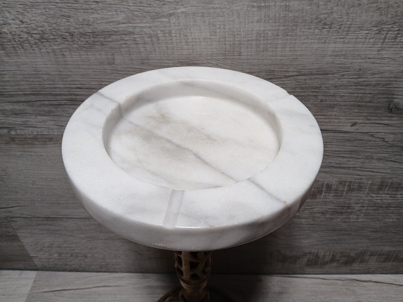 RARE Vintage Reticulated Solid Brass / Marble Top Freestanding Ashtray 17.5" gallery